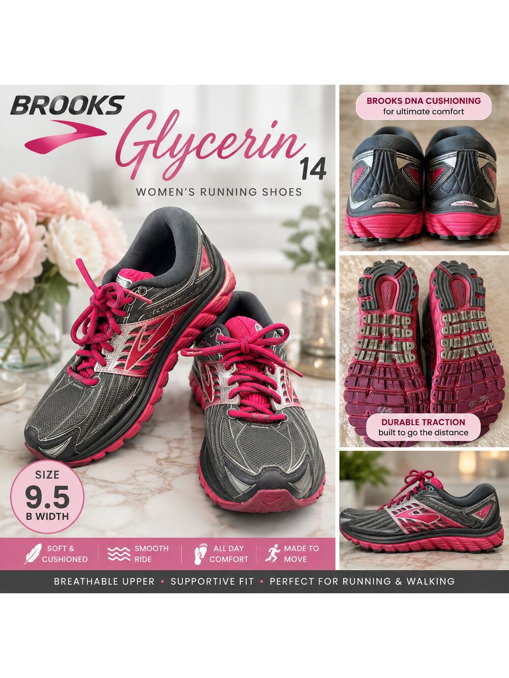 Brooks Glycerin 14 Running Shoes Gray Pink Womens Size 9.5 B Athletic Sneakers